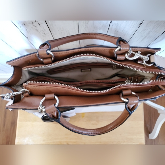 GUESS Cool Mix Handbag | Metallic Bronze & Taupe Satchel with Strap - Picture 5 of 12